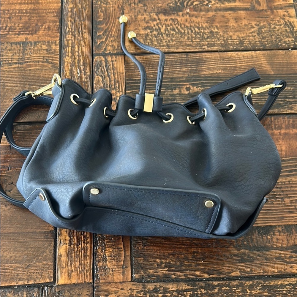 Charming Charlie Navy Leather Shoulder Bag with Drawstring